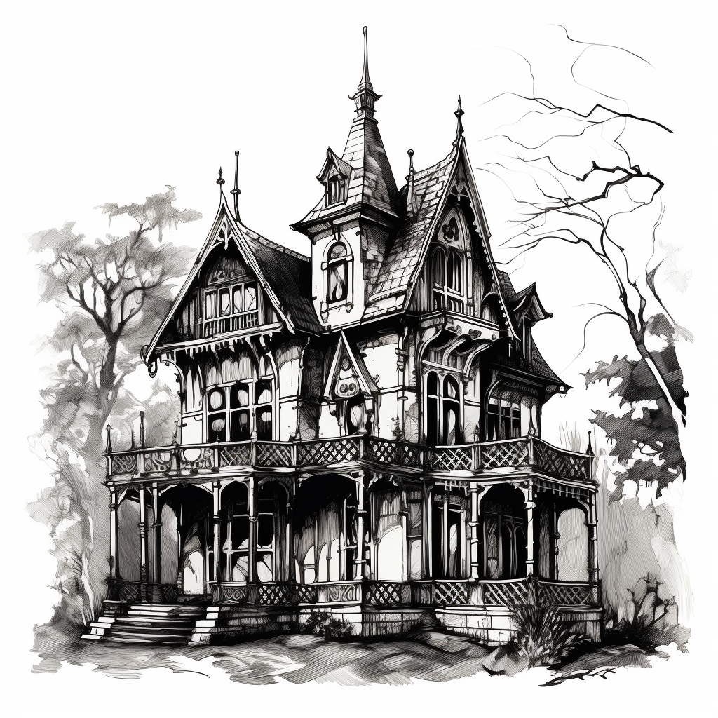 Gothic house ink drawing on white background