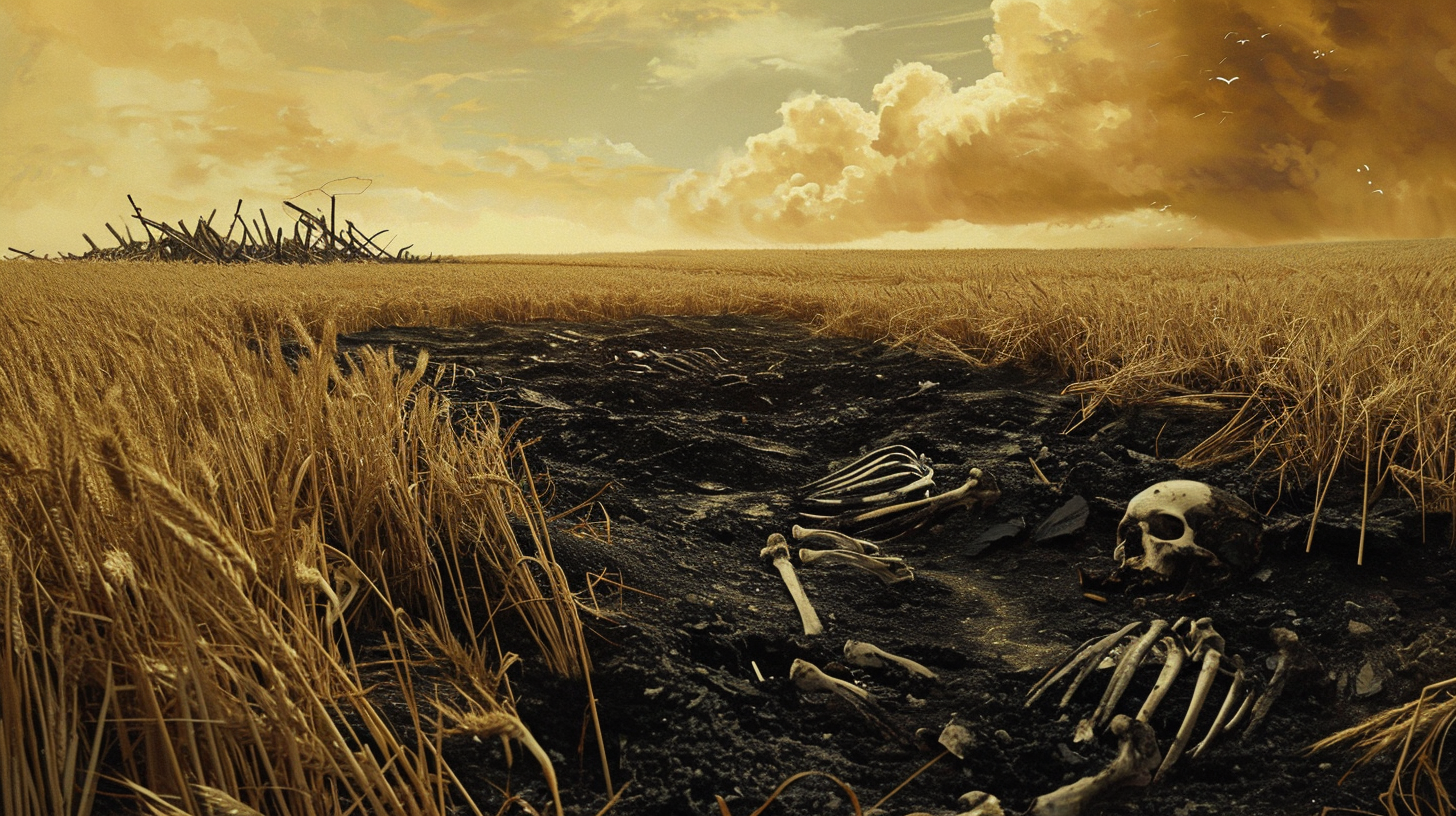 Gothic wheat field with dead patch and bones