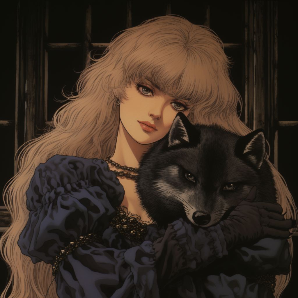 Gothic anime woman holding raccoon