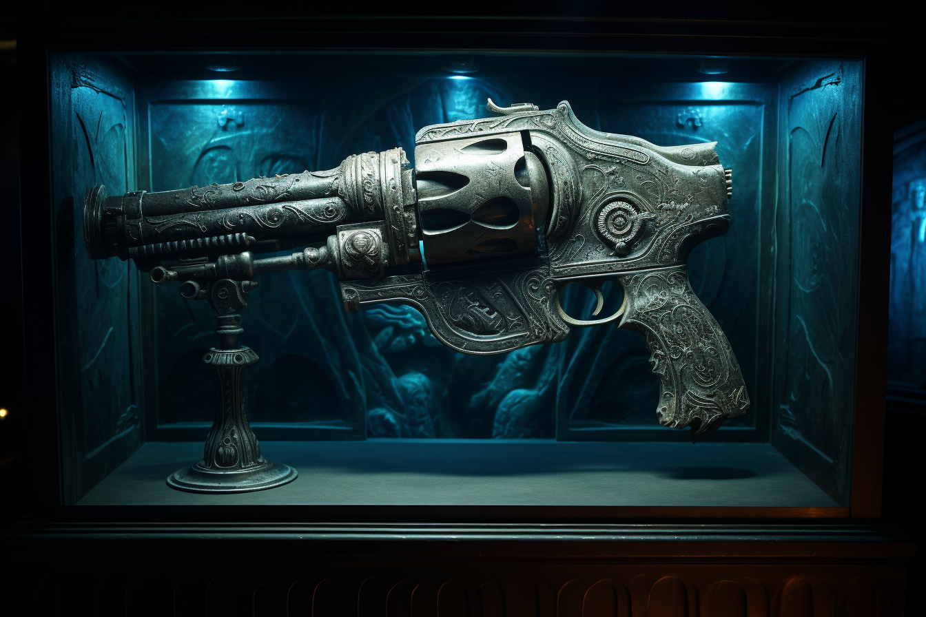 Black demonic revolver gun with glowing sigils in a dark museum