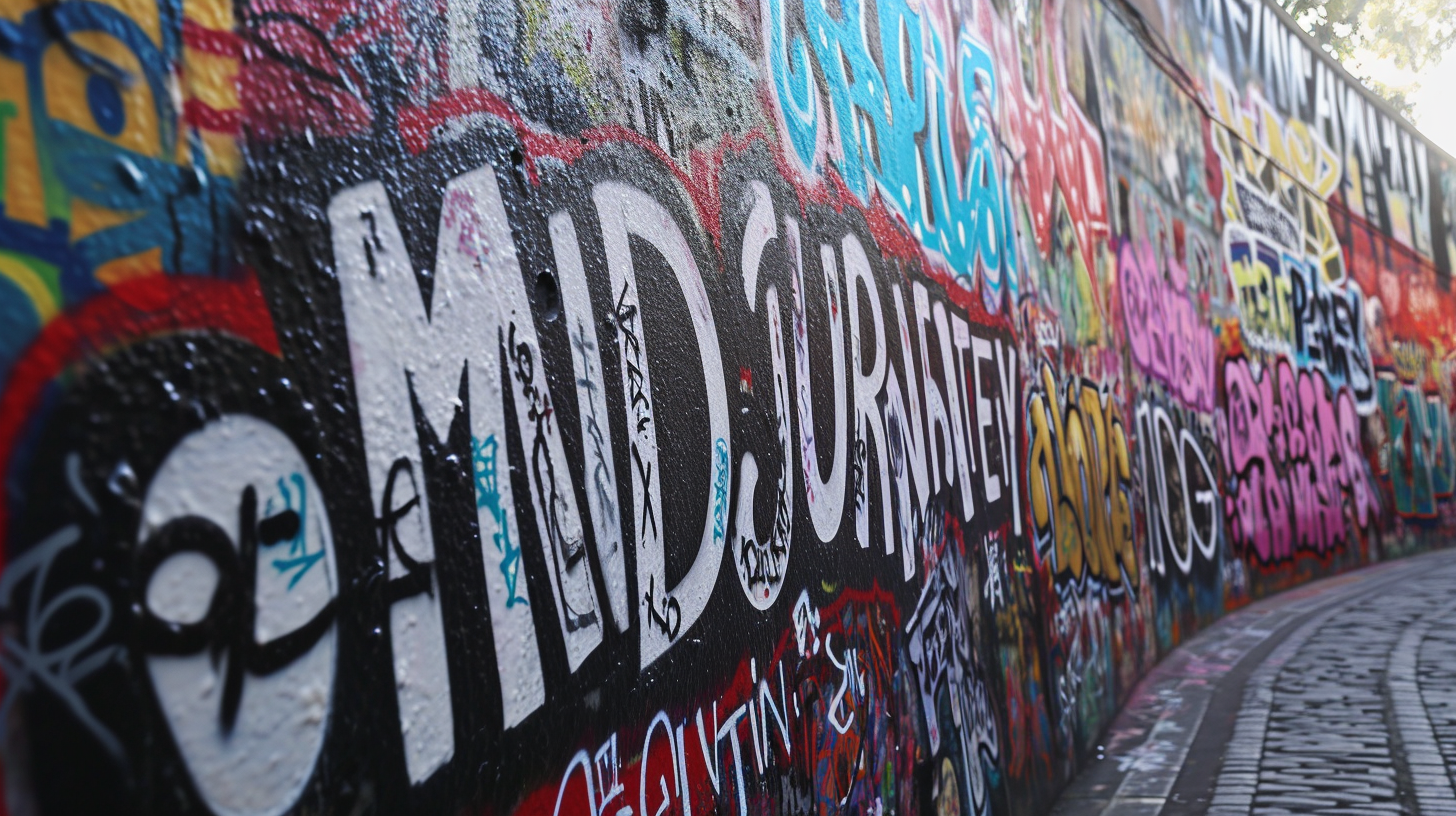 Graffiti wall with tags and MIDJOURNEY logo