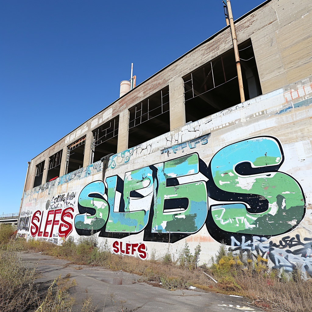 Graffiti word Slefs on abandoned factory