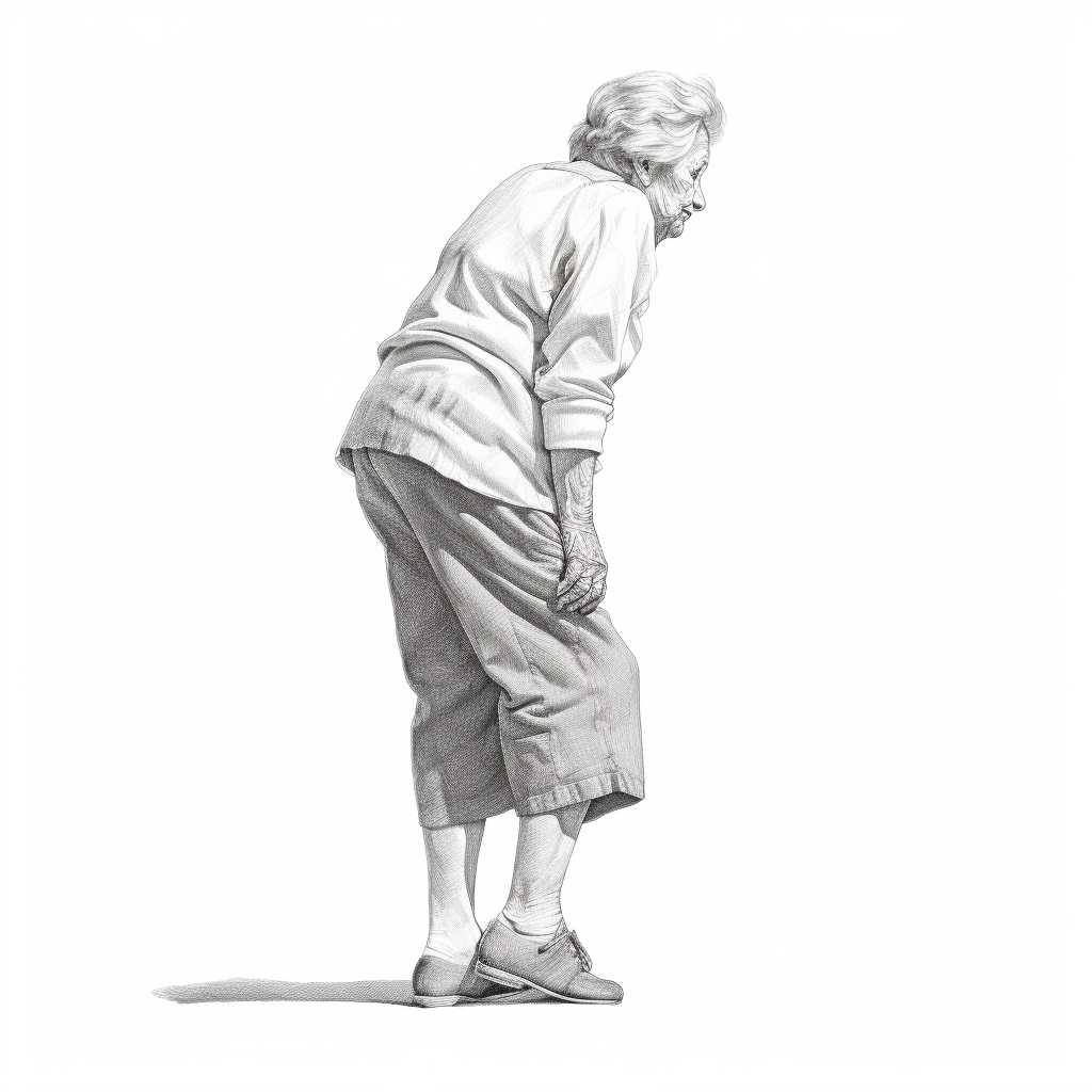 Old grandmother standing on one leg