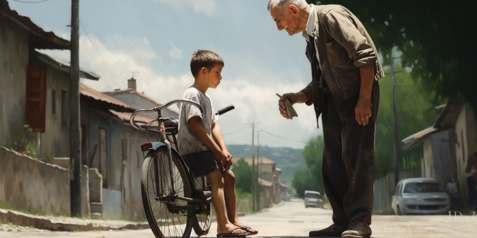 Young boy helping fallen grandpa in Panagyurishte