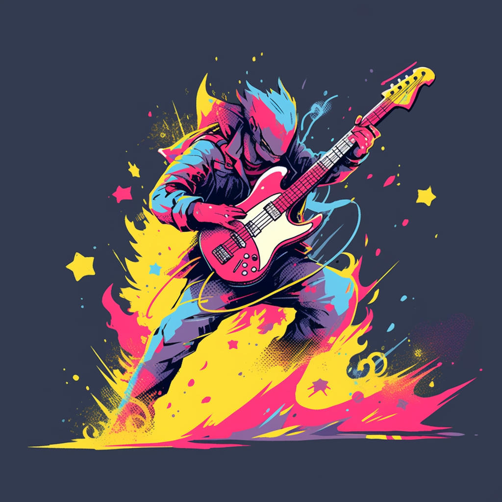 Guitar performer with trendy graphic t-shirt design