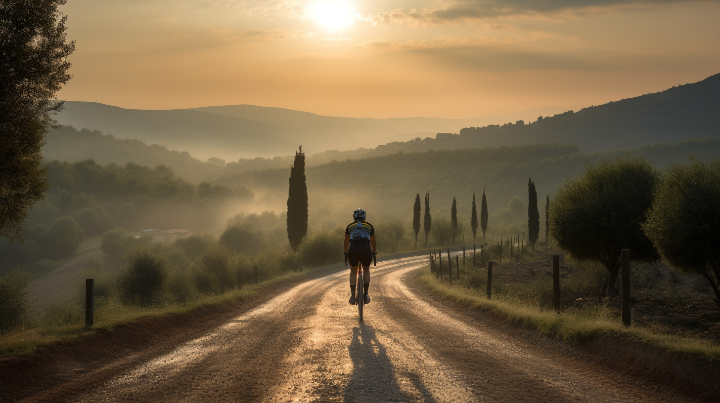 Gravel cyclist in Tuscany, morning mood