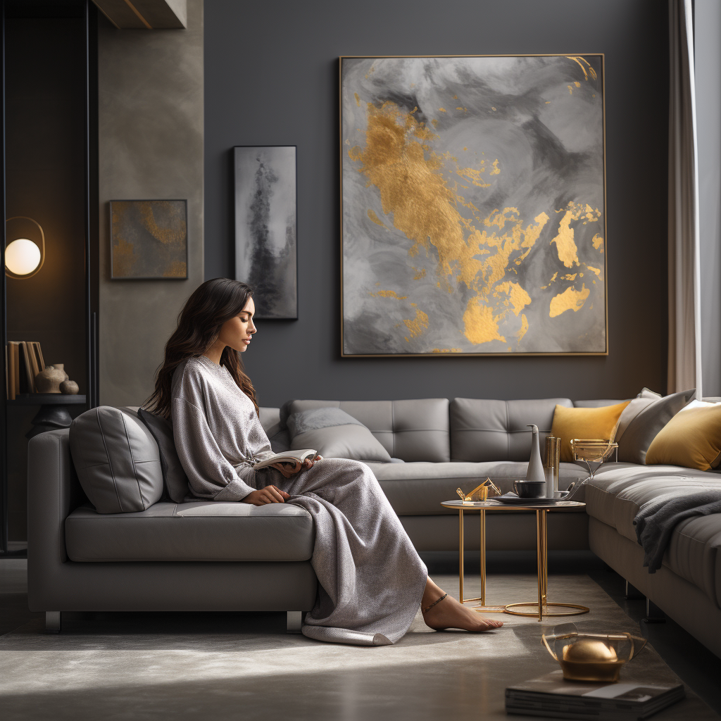 Stylish gray and gold themed living room with person