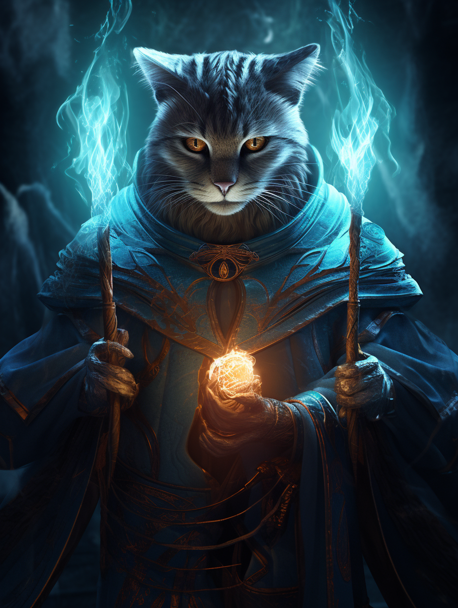 Gray tabby cat mage casting spell