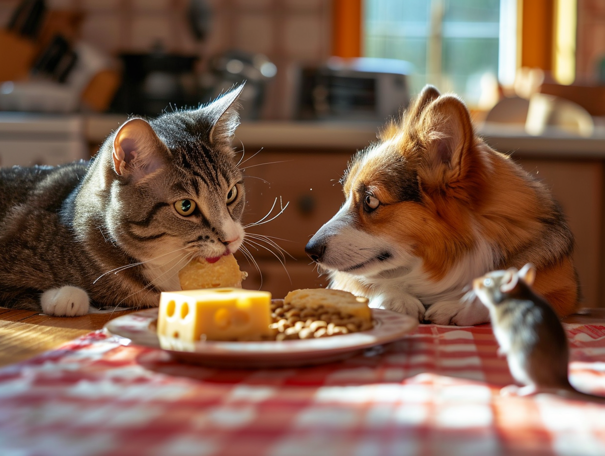 Grayscale cat and Hovawart eating on kitchen table