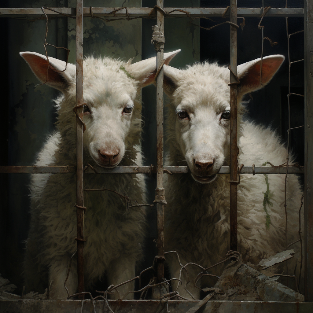 Lambs in adjacent cages