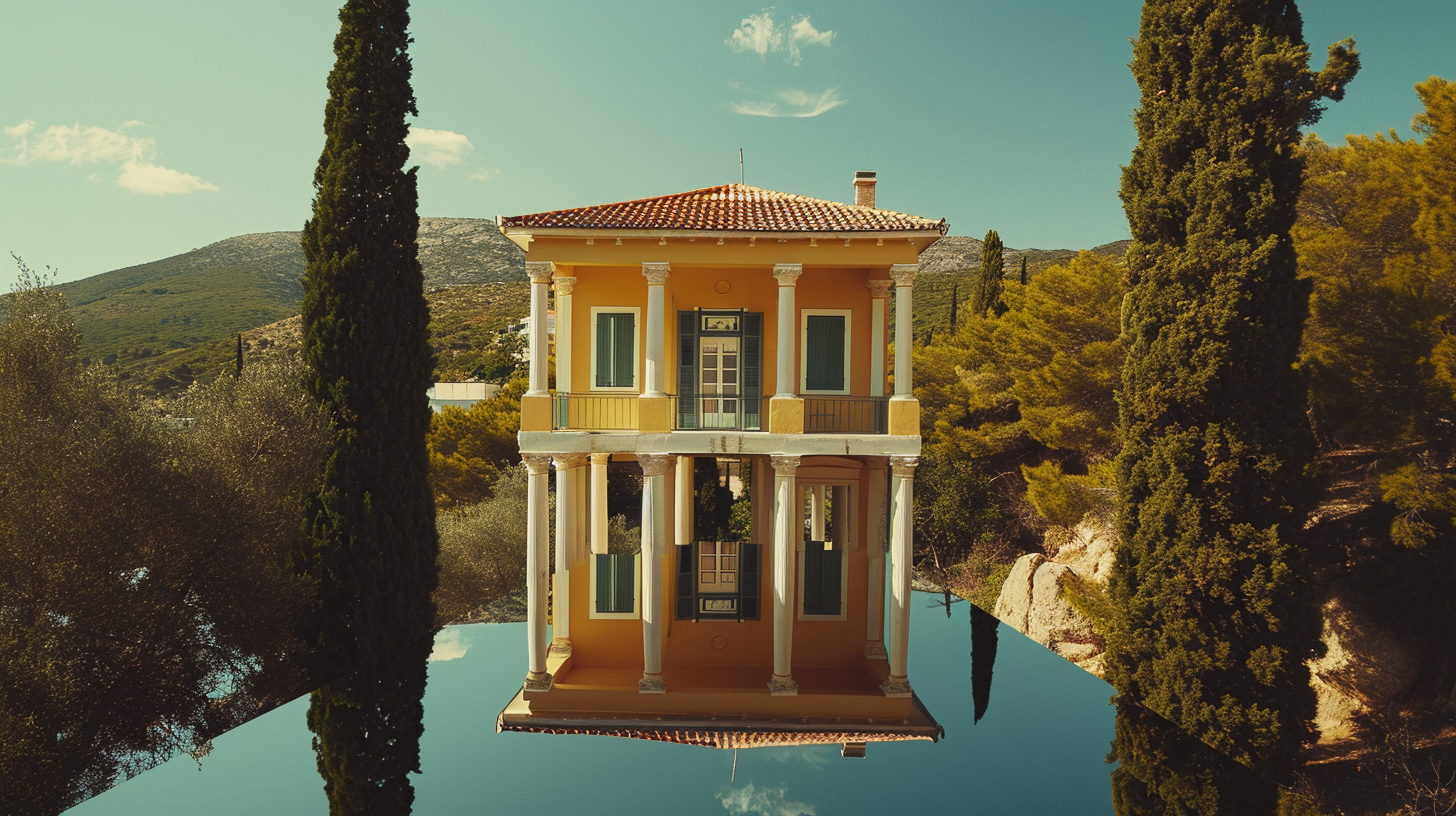 Inverted House on White Pillars in Greece Kefalonia