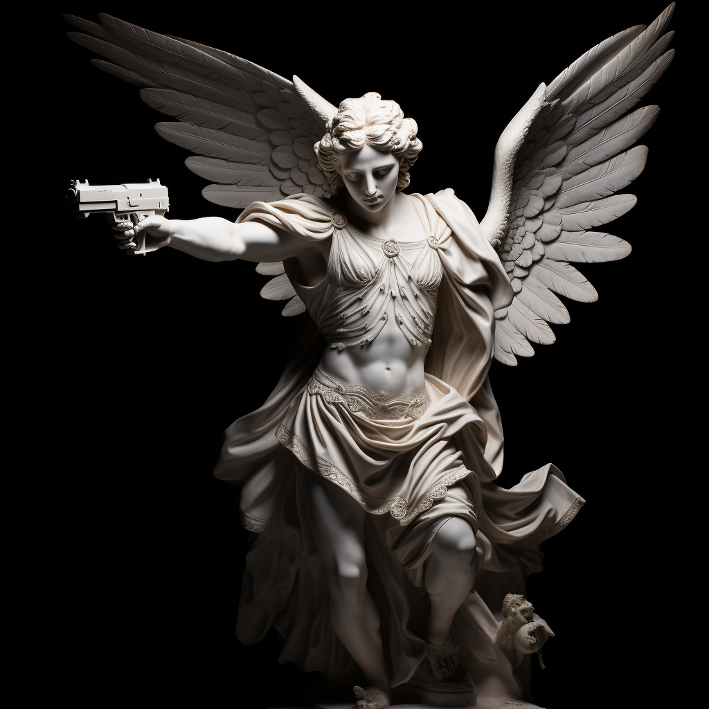 Greek angel statue holding a pistol