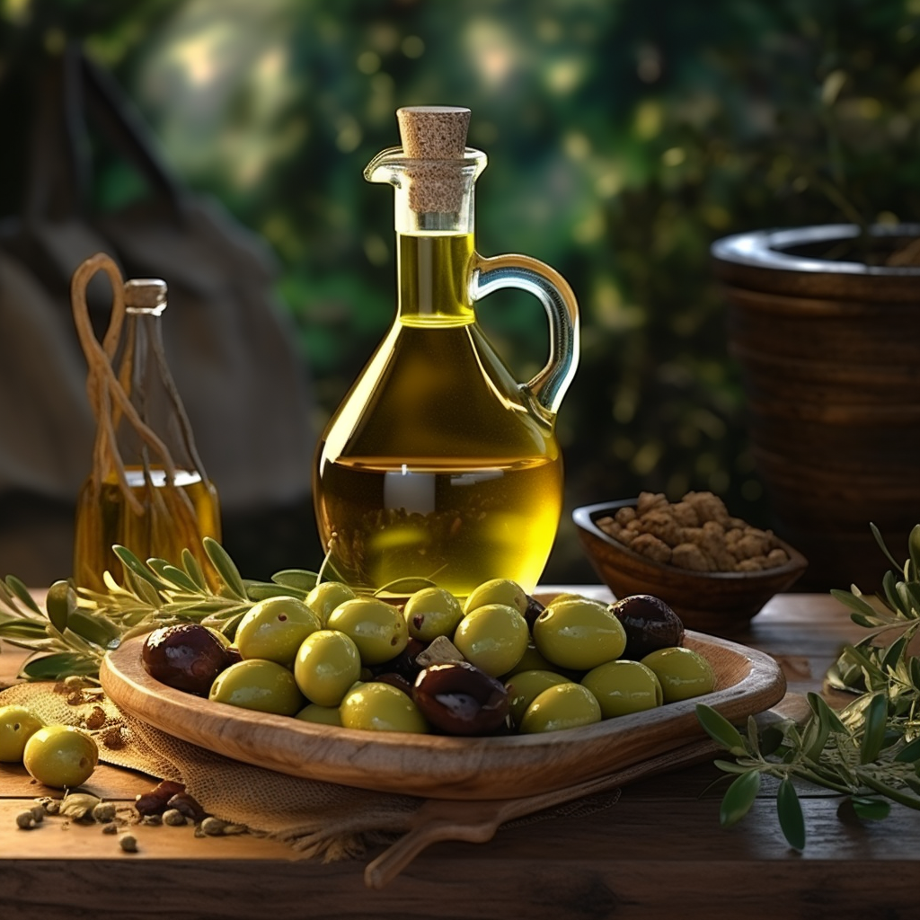 Close-up of Greek Olive Oil and Fresh Olives