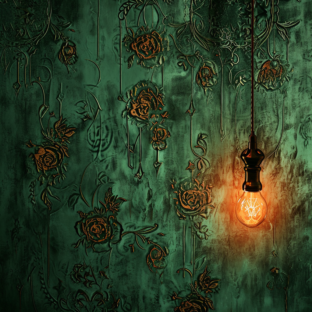 Green background with veiled rose and light bulb