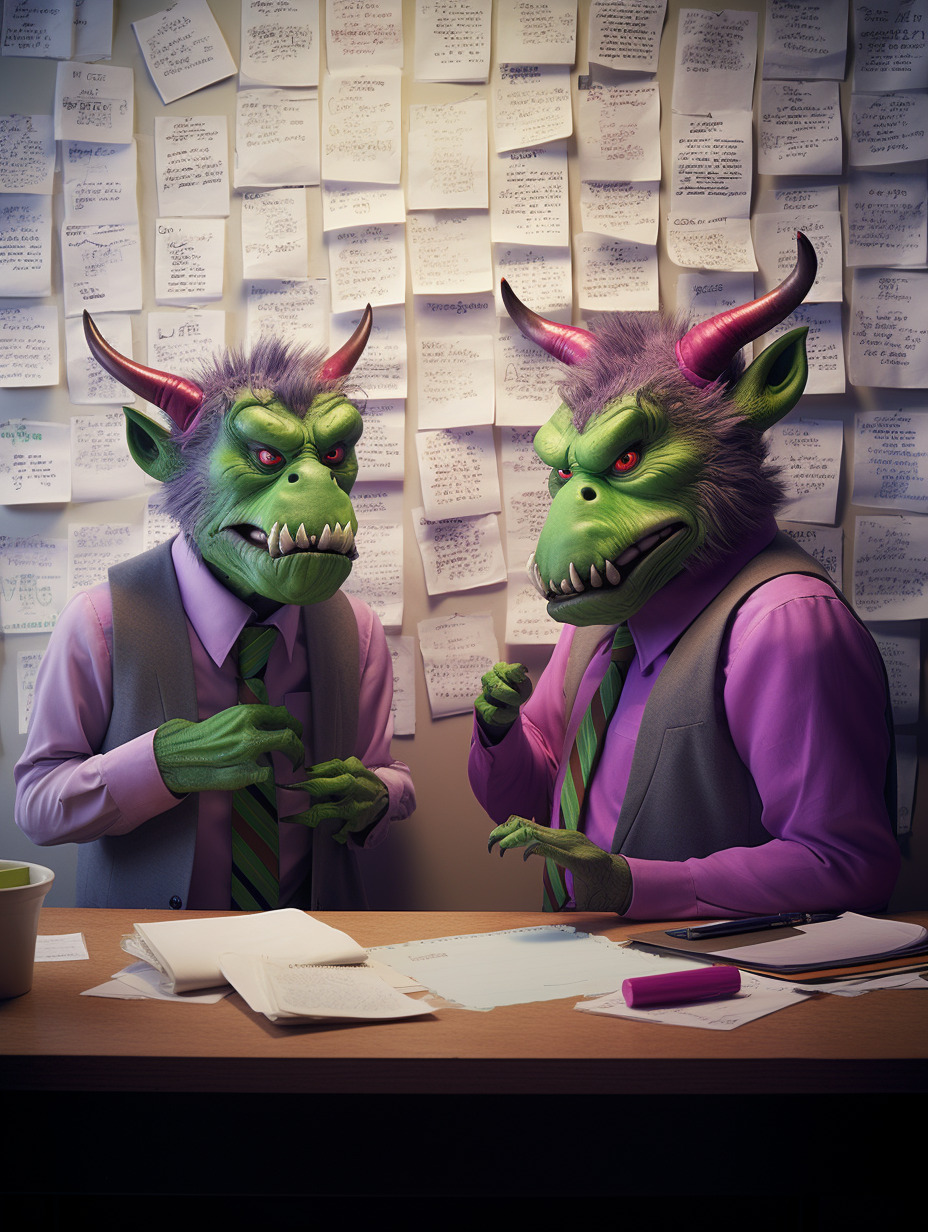 Two purple latex devils observing green bulletin board