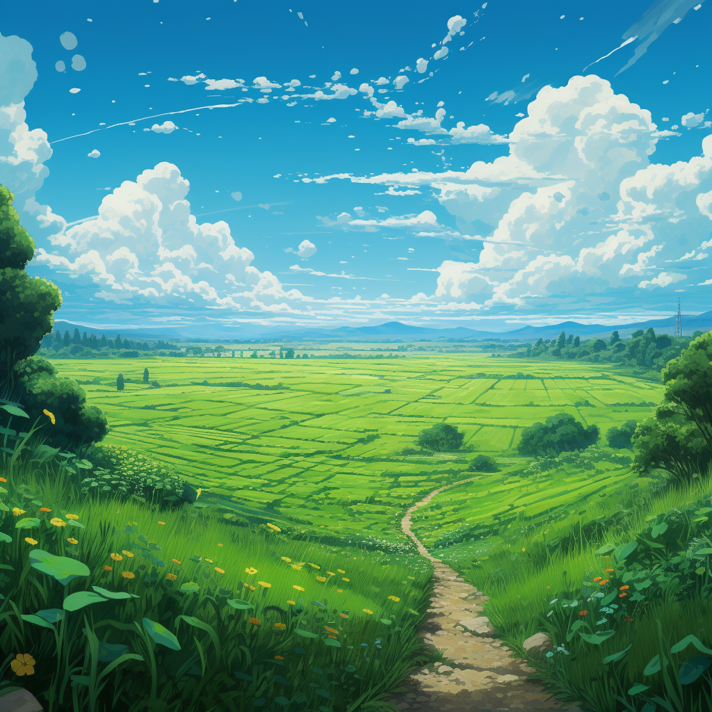 Beautiful anime-style green field with abundant vegetation