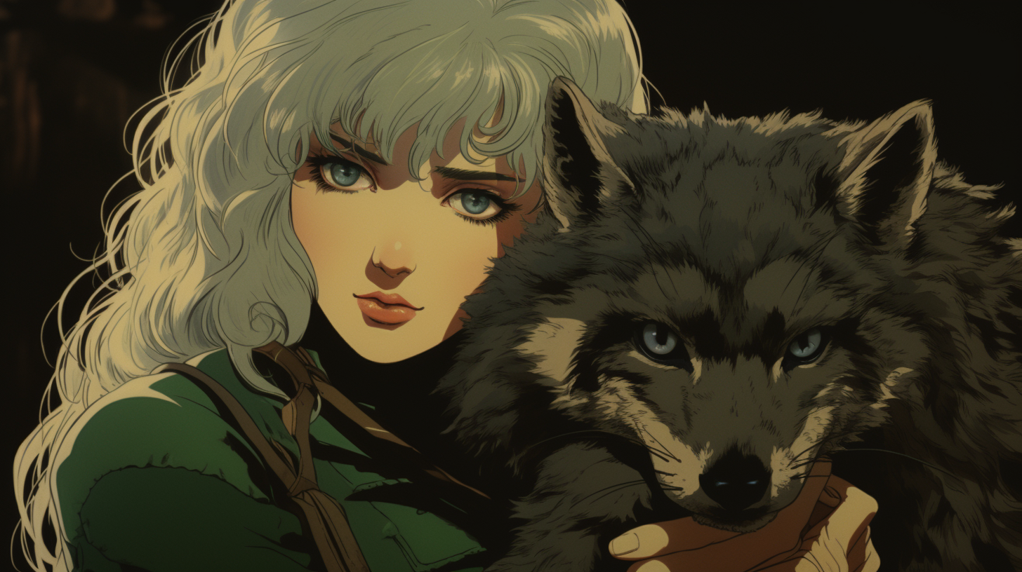 Anime woman with green eyes holding raccoon