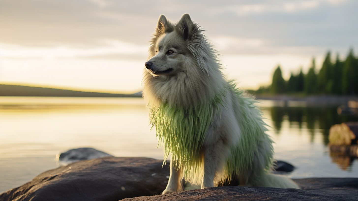 Beautiful Green-Furred Dog at the Lake