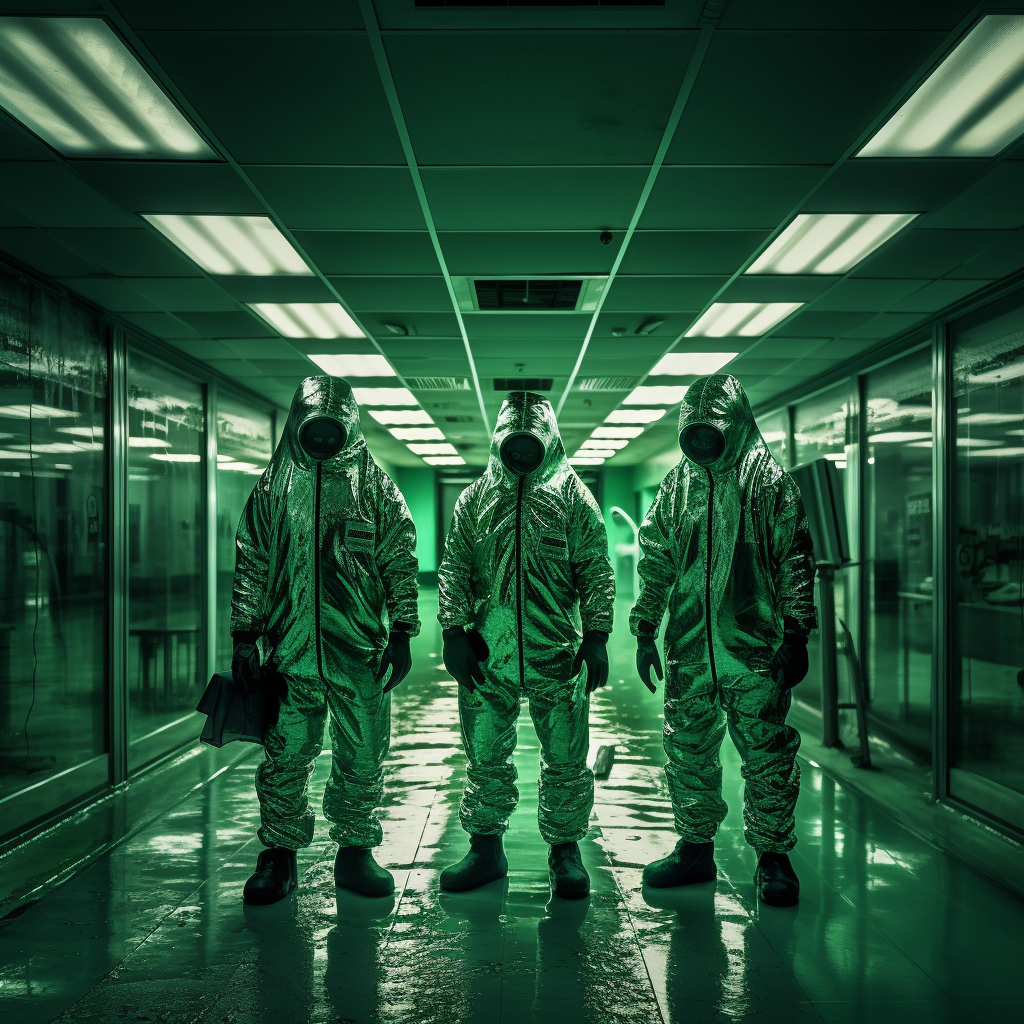 Three men in green hazard suits