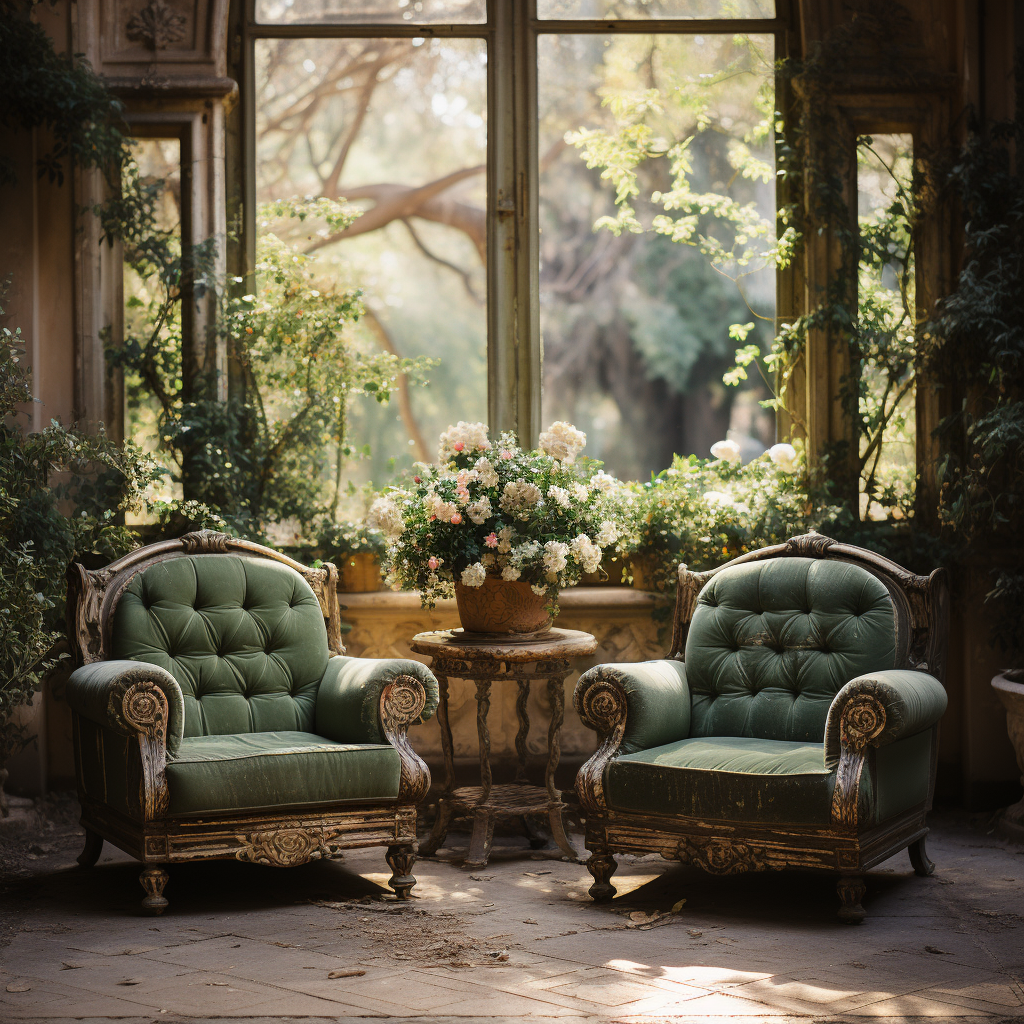 Elegant chairs on green hedge