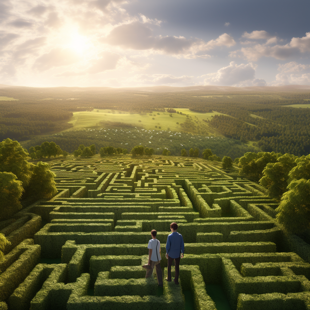 Friends exploring a green maze