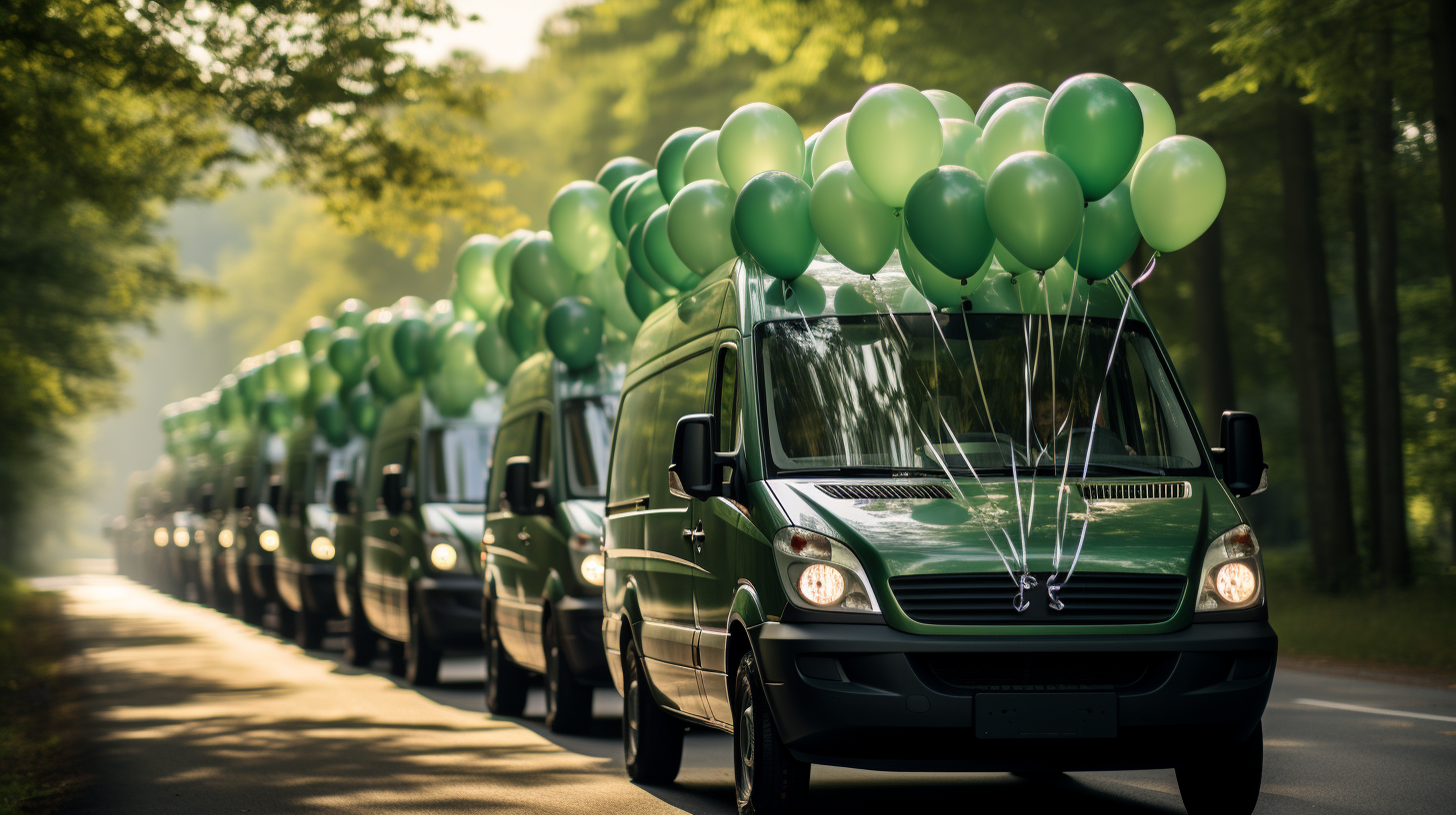 Green Mercedes Sprinter Van Driving through Balloons