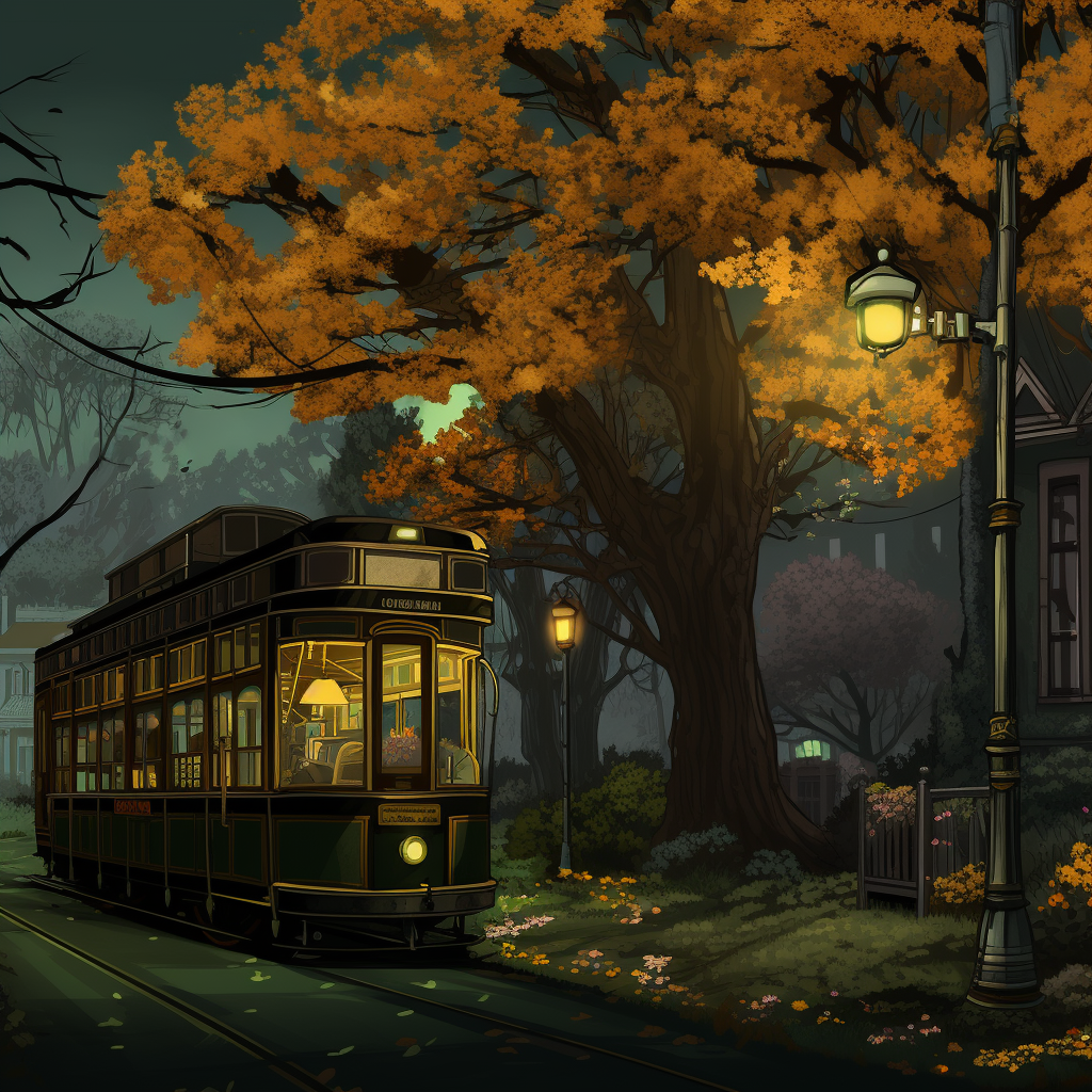 Dark green tram with yellow flowers