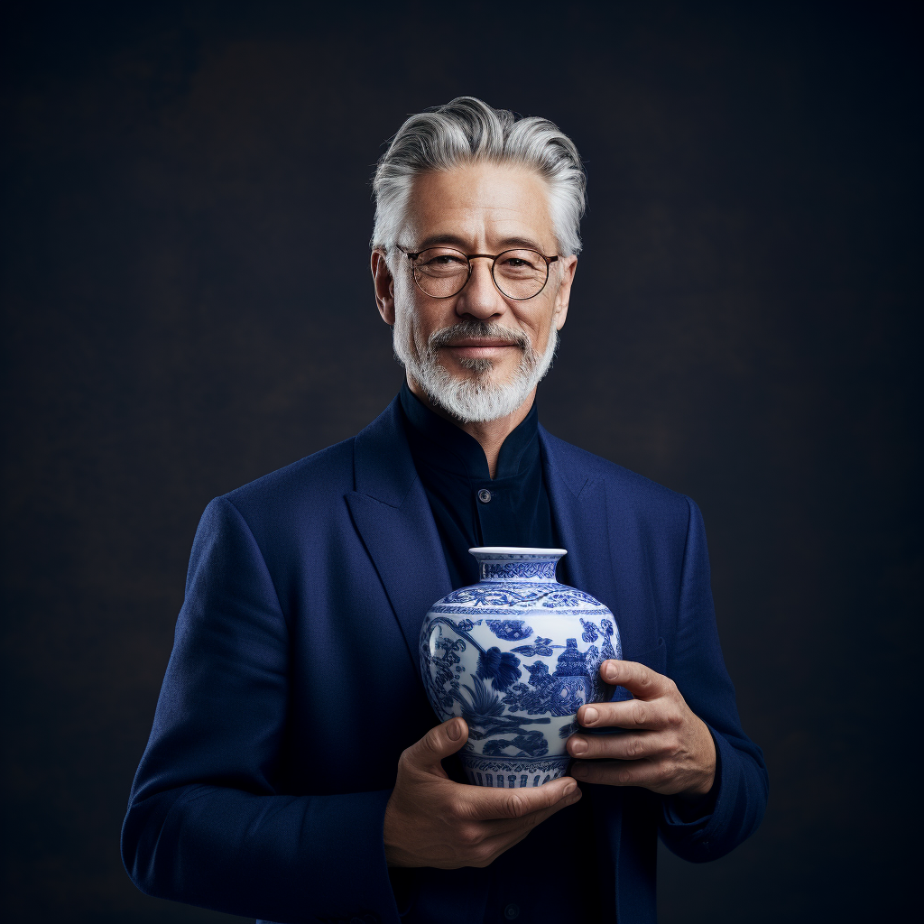 Man in smart casual wear holding a Yuan blue and white plum vase  ????