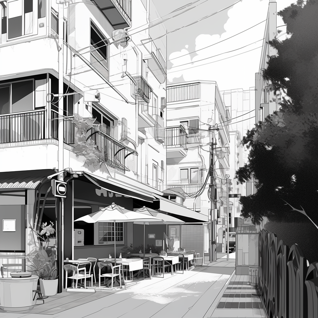 Aesthetic anime street with cafes, shops, and gardens