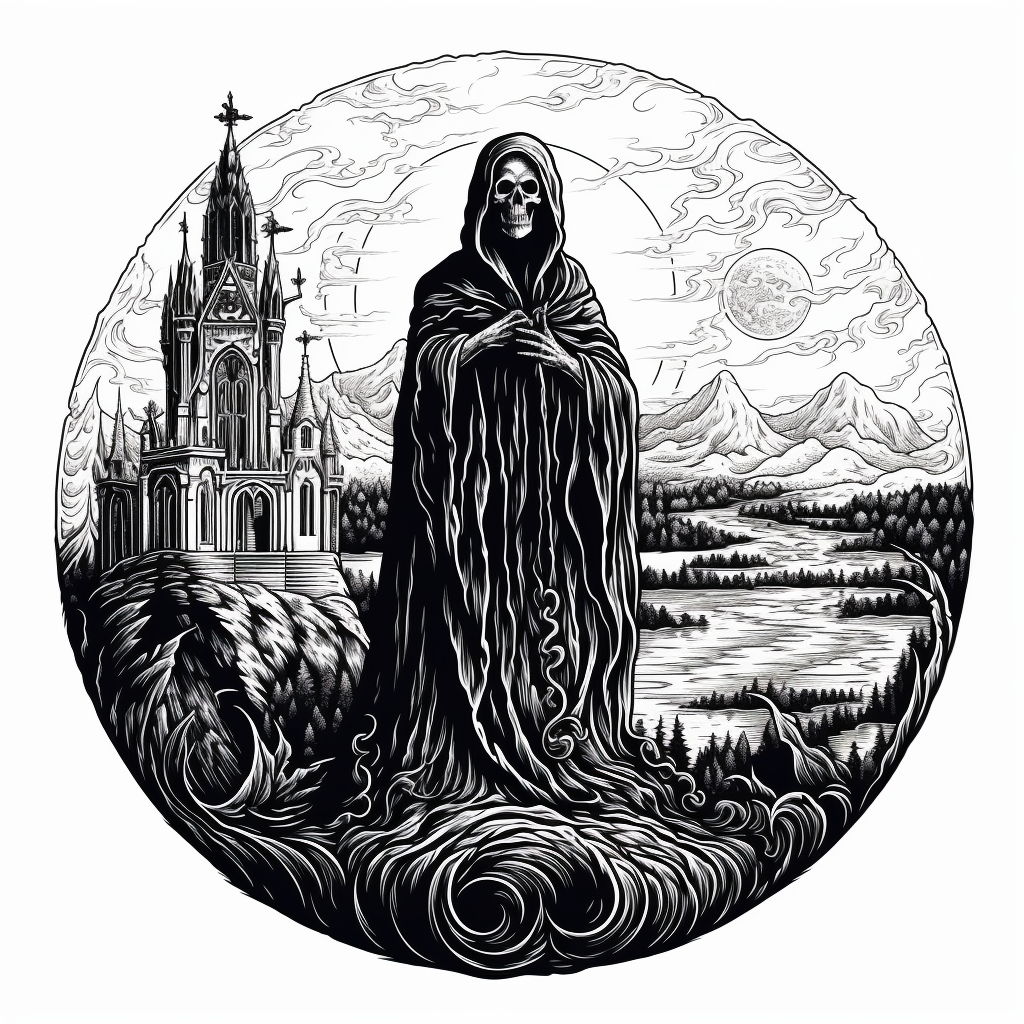 Black and white line art of Grim Reaper castle