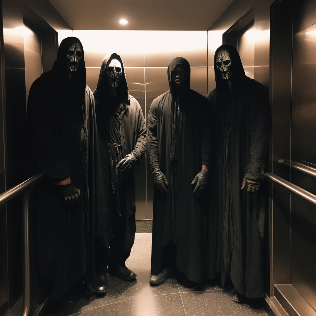 Grim Reaper with Men in Elevator