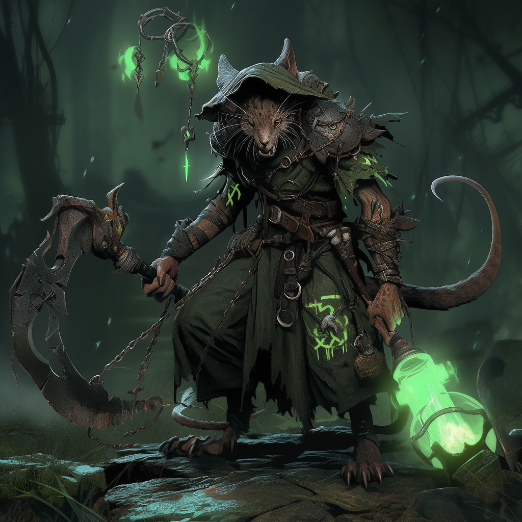 Grimdark skaven monk champion in plague outfit and staff.