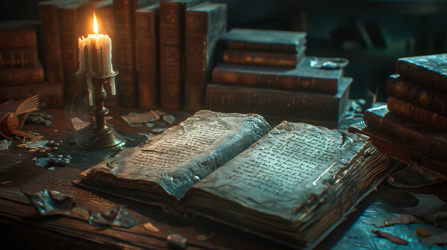 Old grimoire, dusty books, burning candle, dragon fight