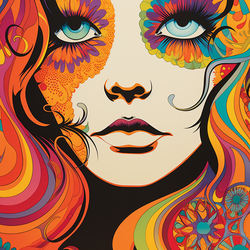 Close up face on groovy 70's concert poster