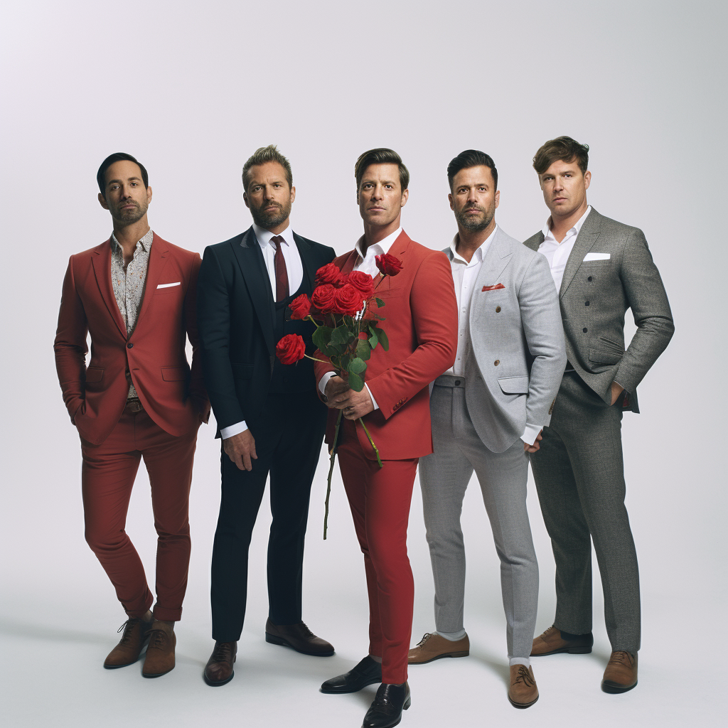 Group of 5 men posing with red roses