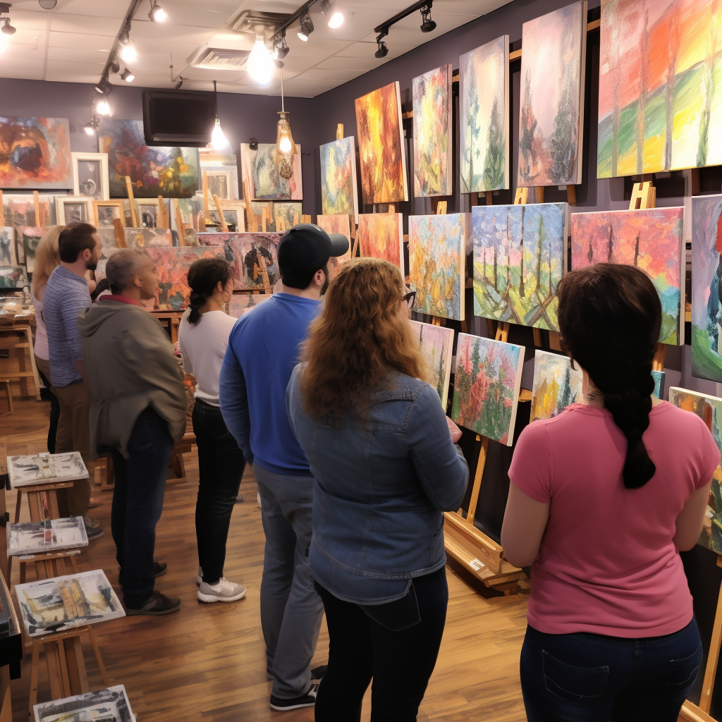 People painting abstract art in group