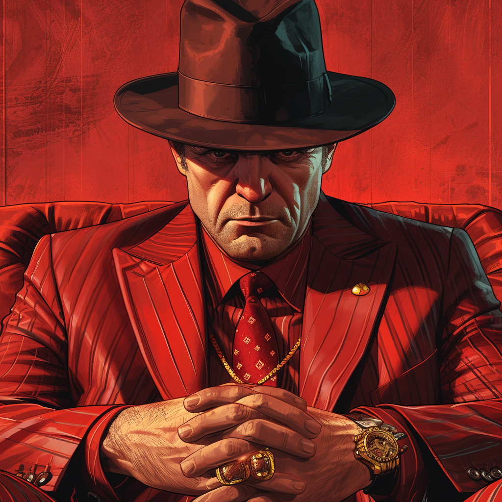 Comic-style GTA cover featuring mafia boss with hat, suit, and rings