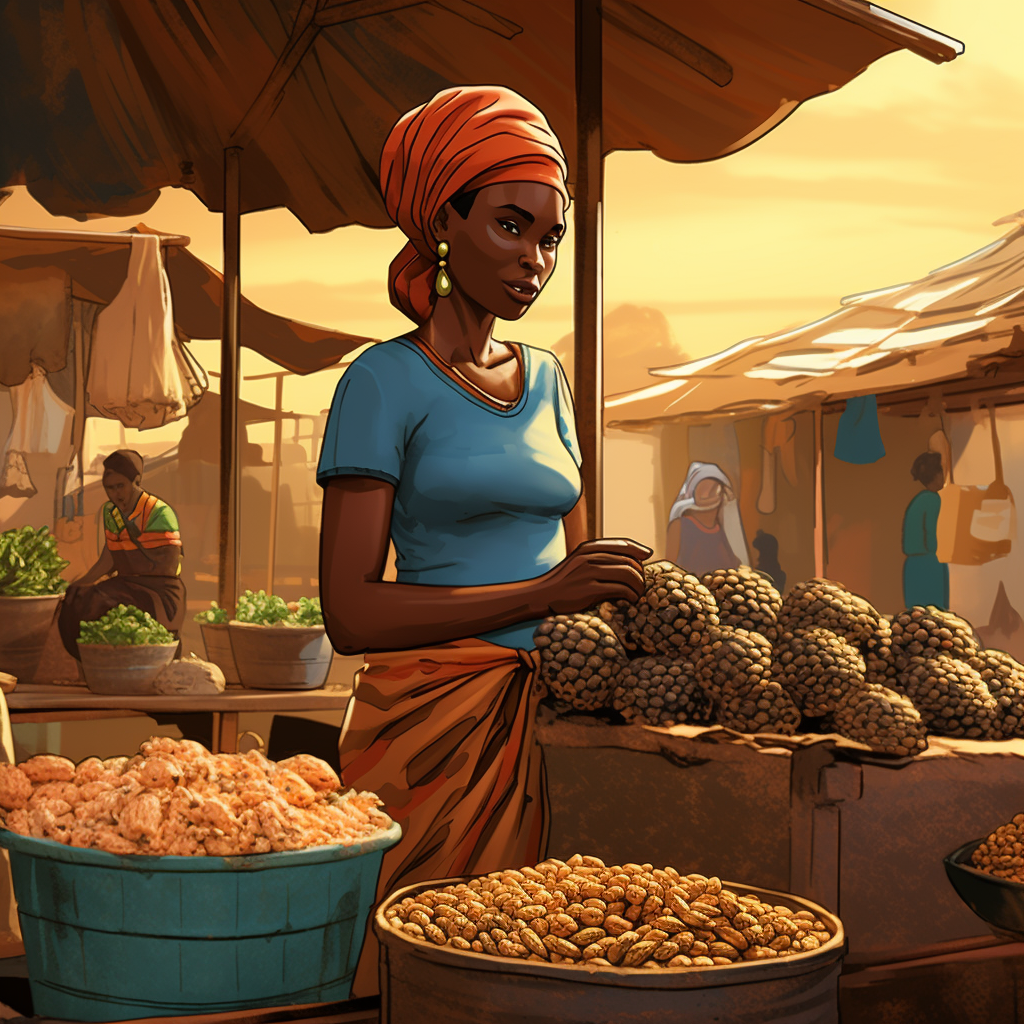 Woman holding peanuts at Guinean market