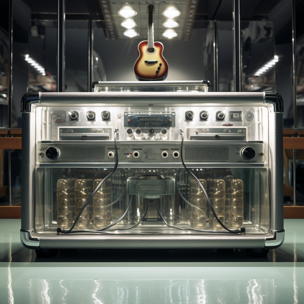 Detailed guitar amp reflection in mirrored room