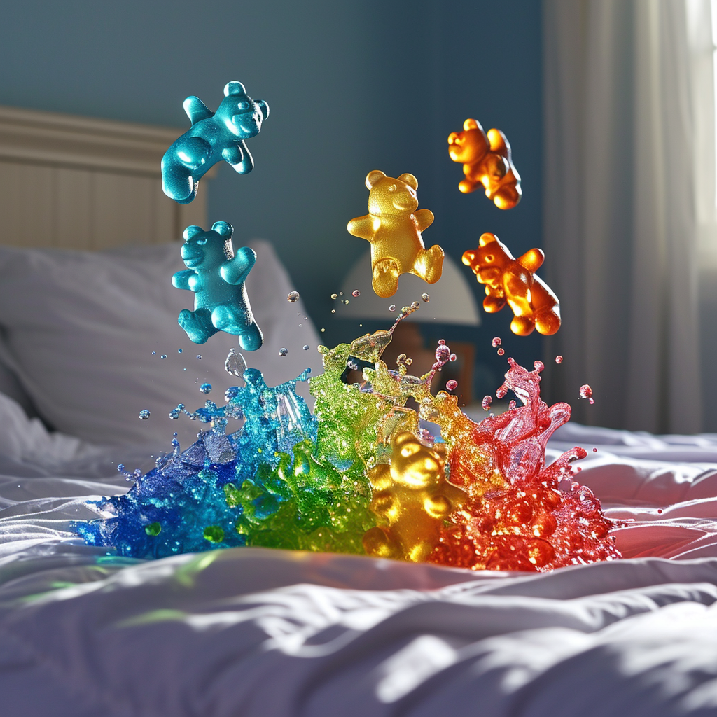 Playful gummy bear family jumping on bed