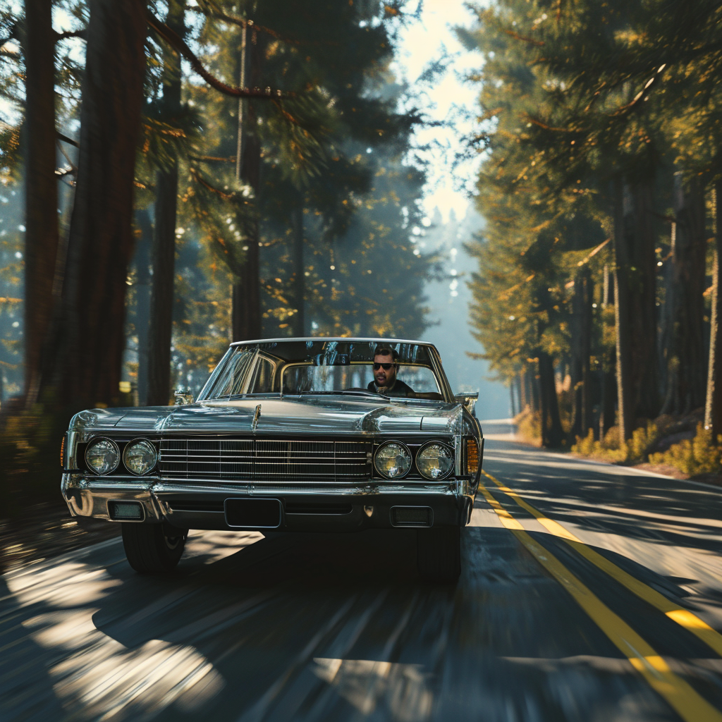 Guy Russo driving a silver sedan in the pines with sunglasses