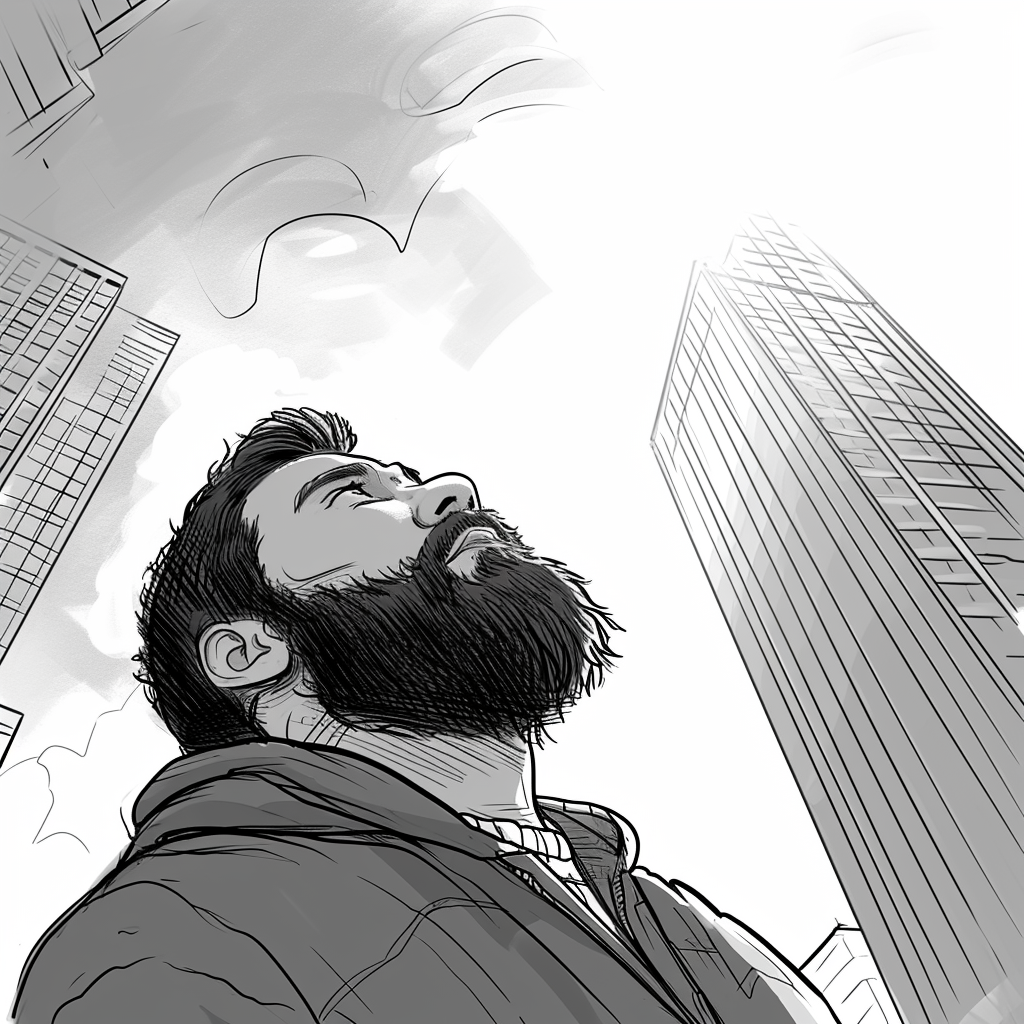 Cartoon guy looking at skyscraper