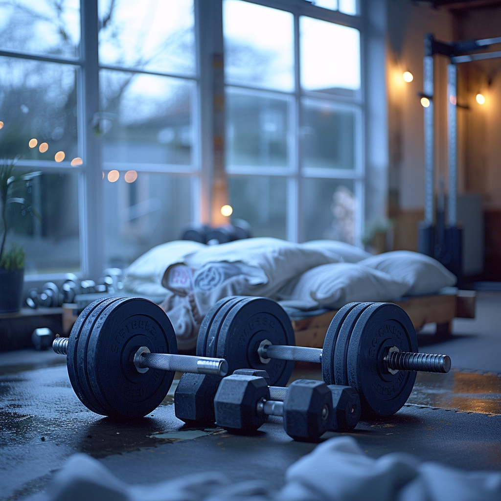 Gym bed with dumbbells and barbells