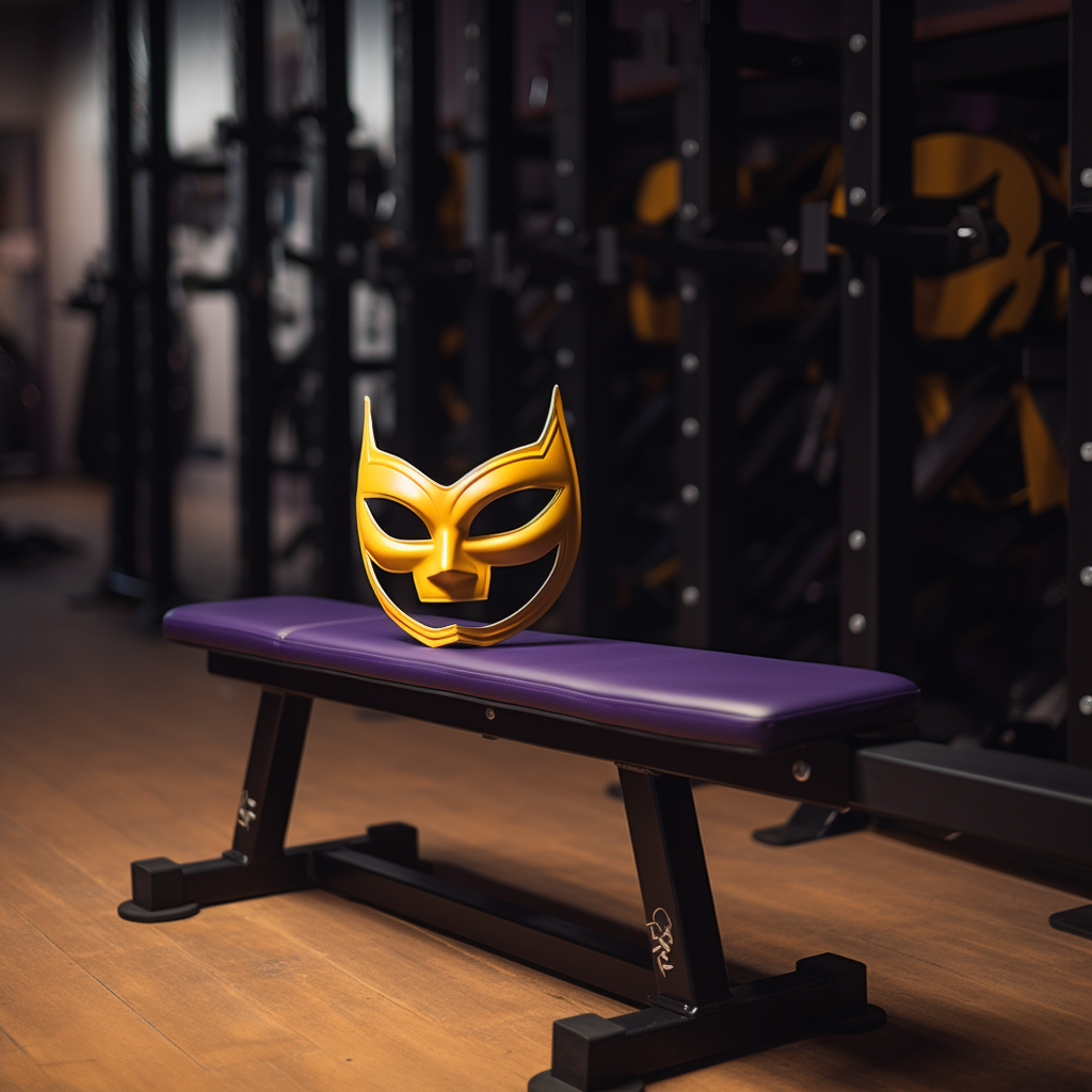 Gym bench with Mardi Gras mask