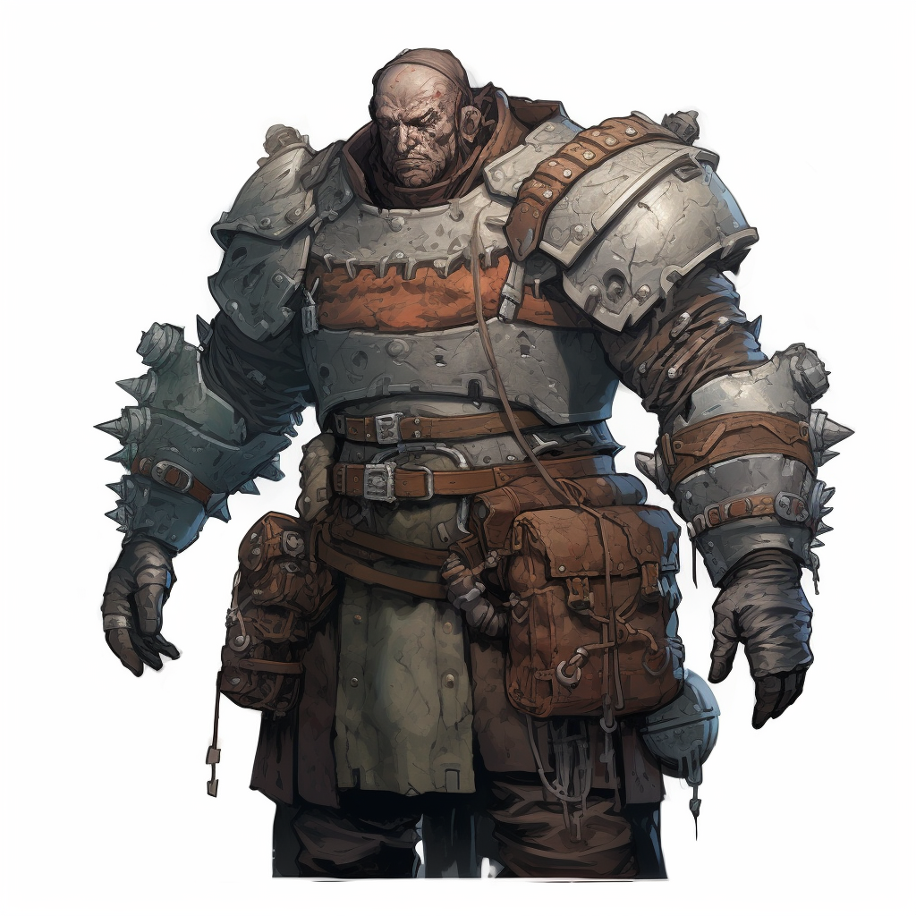 Mighty half-giant in armor with trinkets