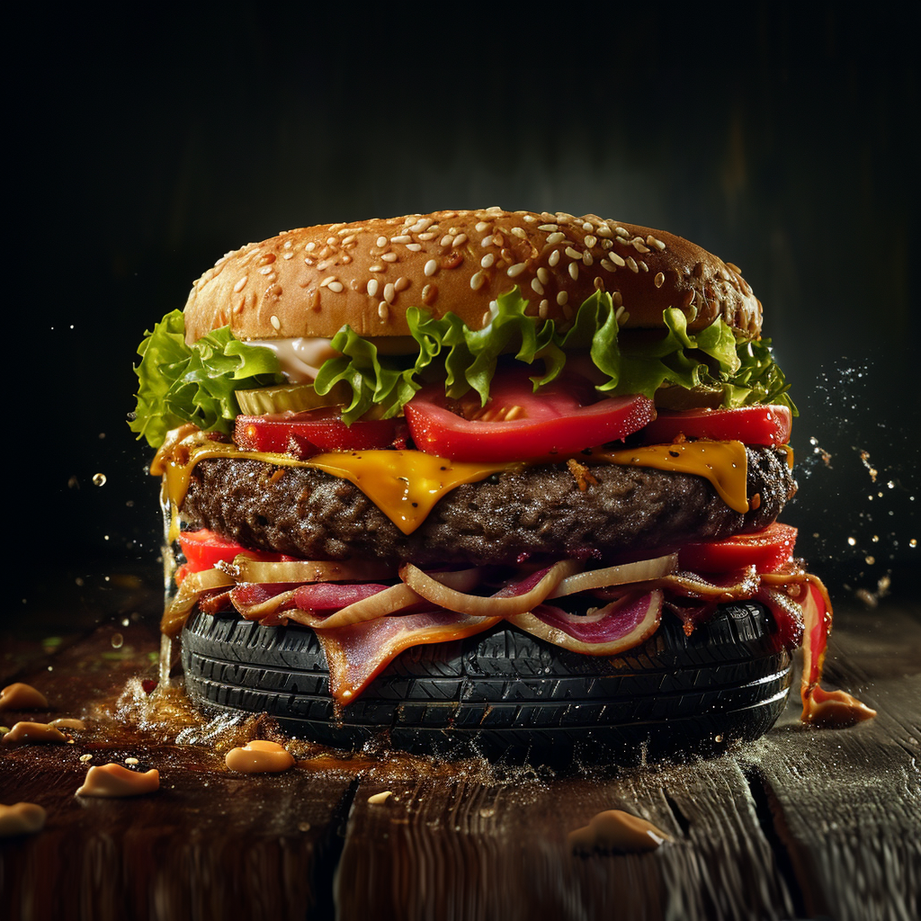 Closeup photo of hamburger with tires