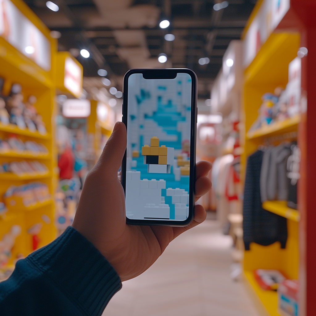 Hand holding cellphone in Lego Store