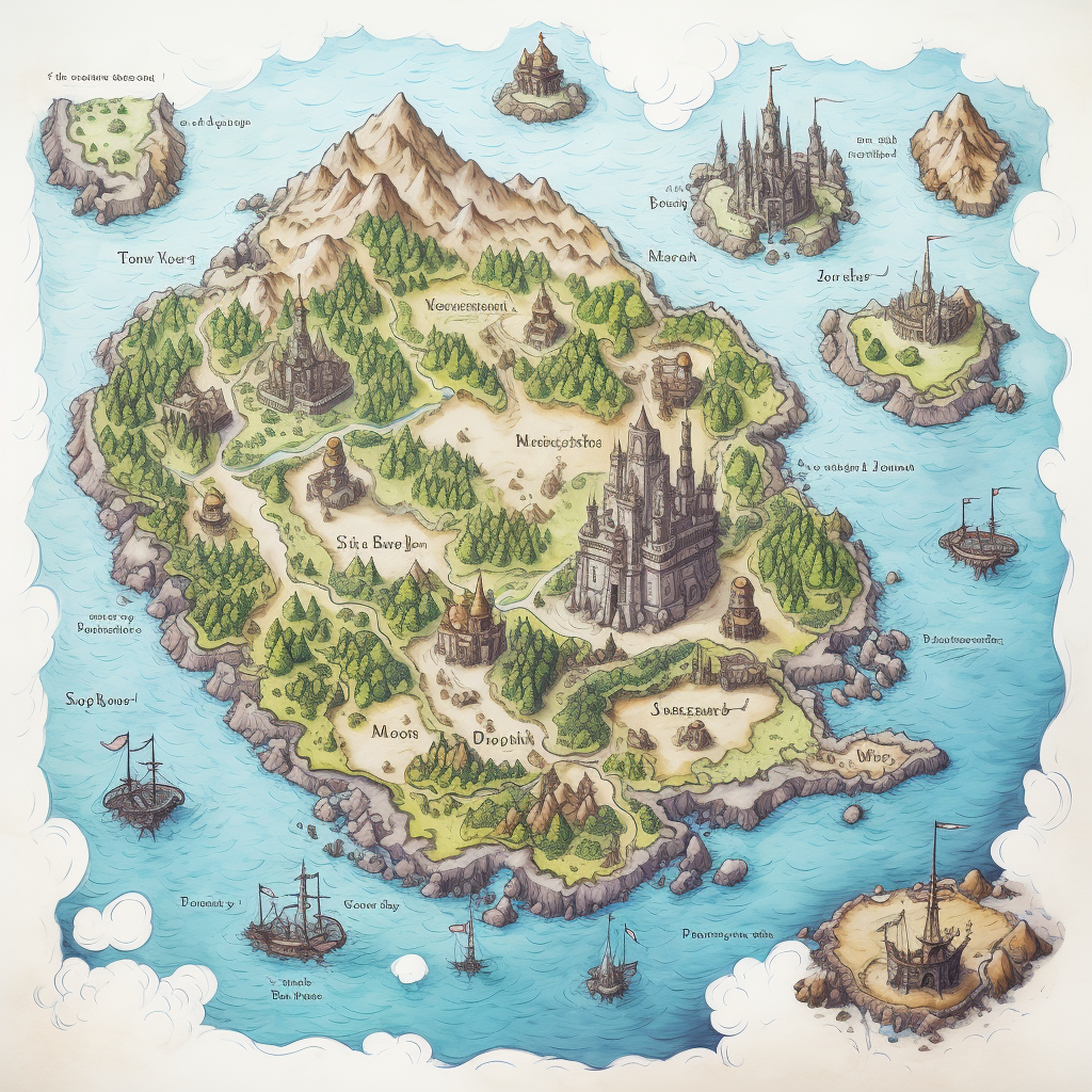 Handdrawn kingdom map with four islands