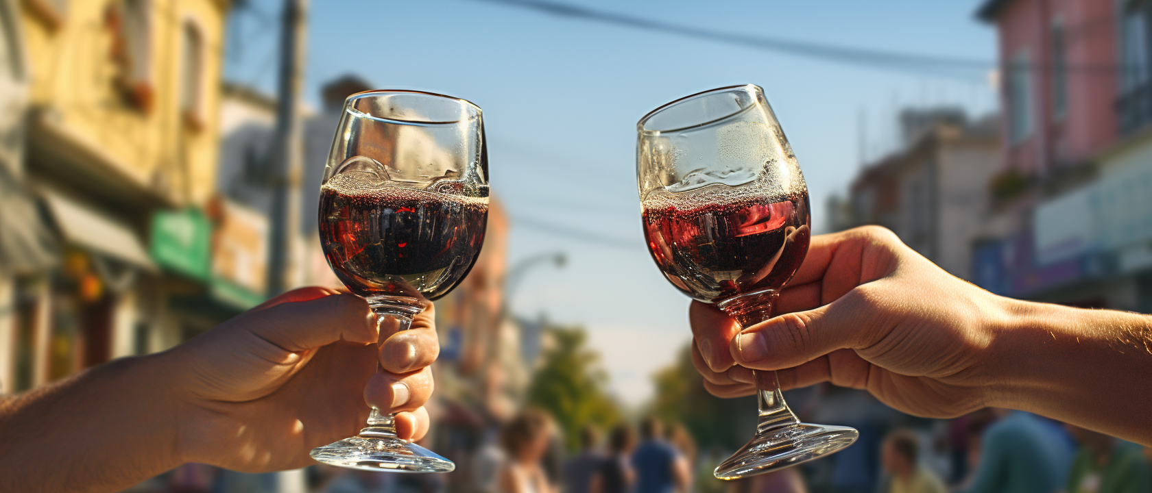 Two hands cheers with wine bottles