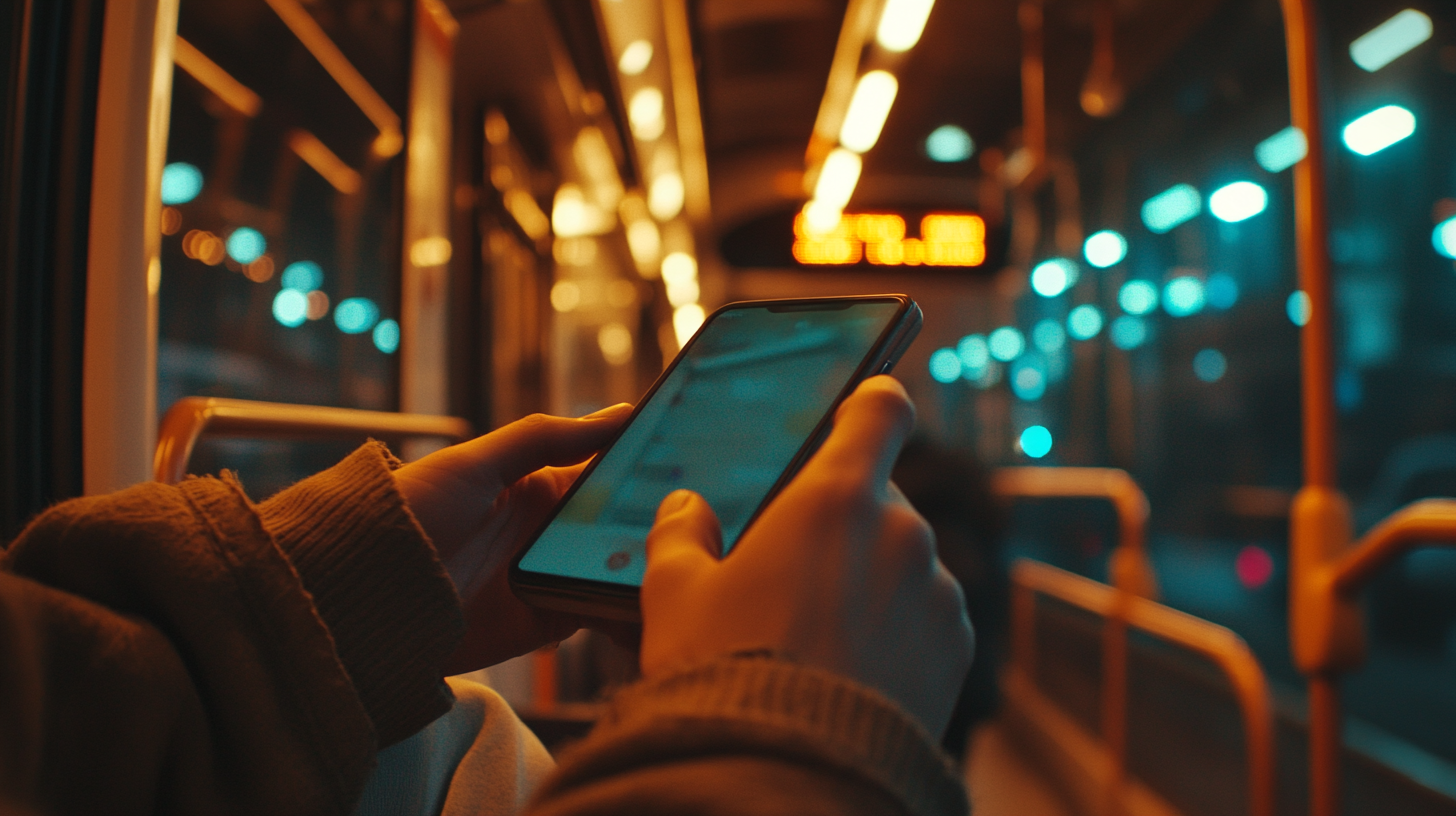 hands holding phone in bus, cinematic lighting, warm colors